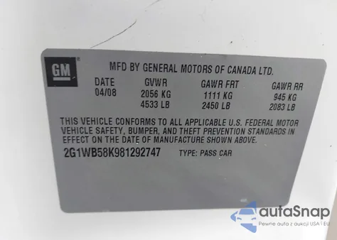 2008 Chevrolet Impala Ls из США, поврежденный, VIN 2G1WB58K981292747